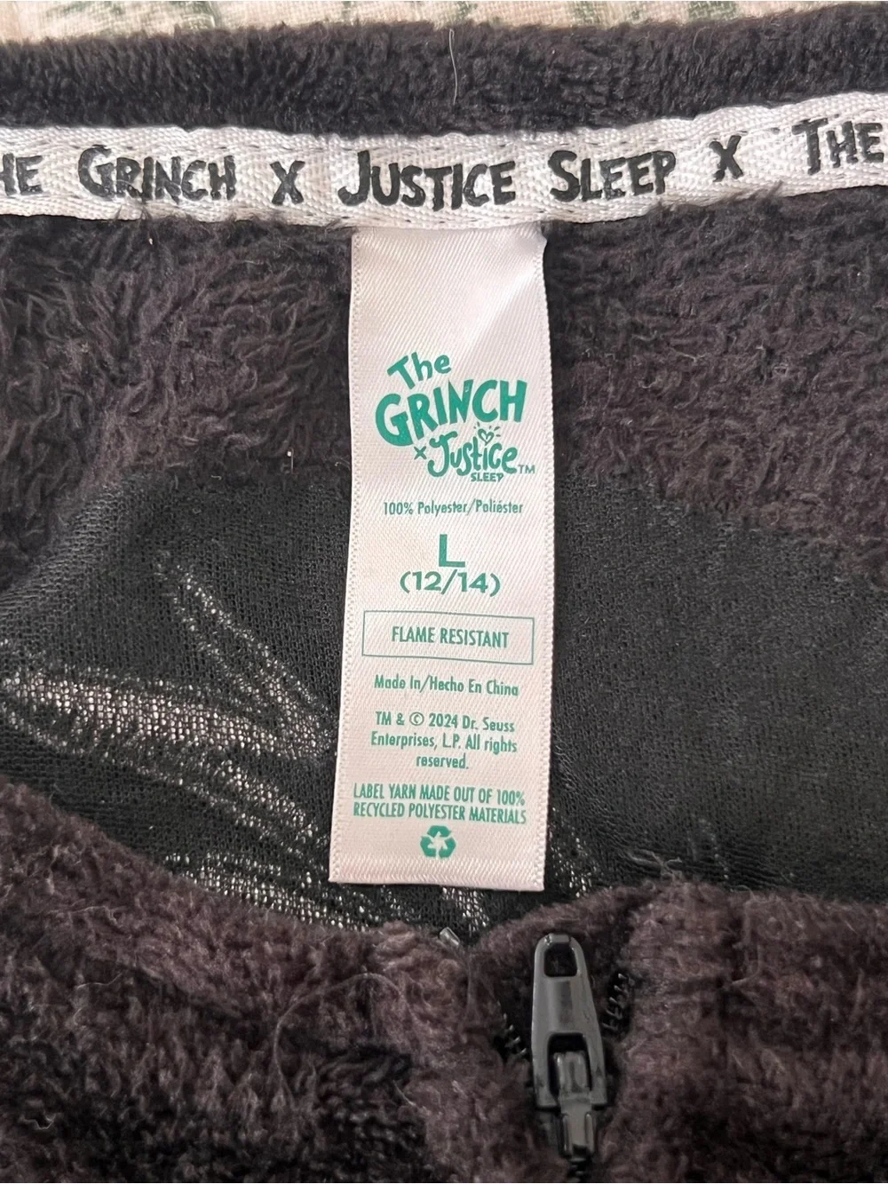 The Grinch x Justice Sleep Girls Onesie Pajamas Size L 12/14 Holiday Union Suit